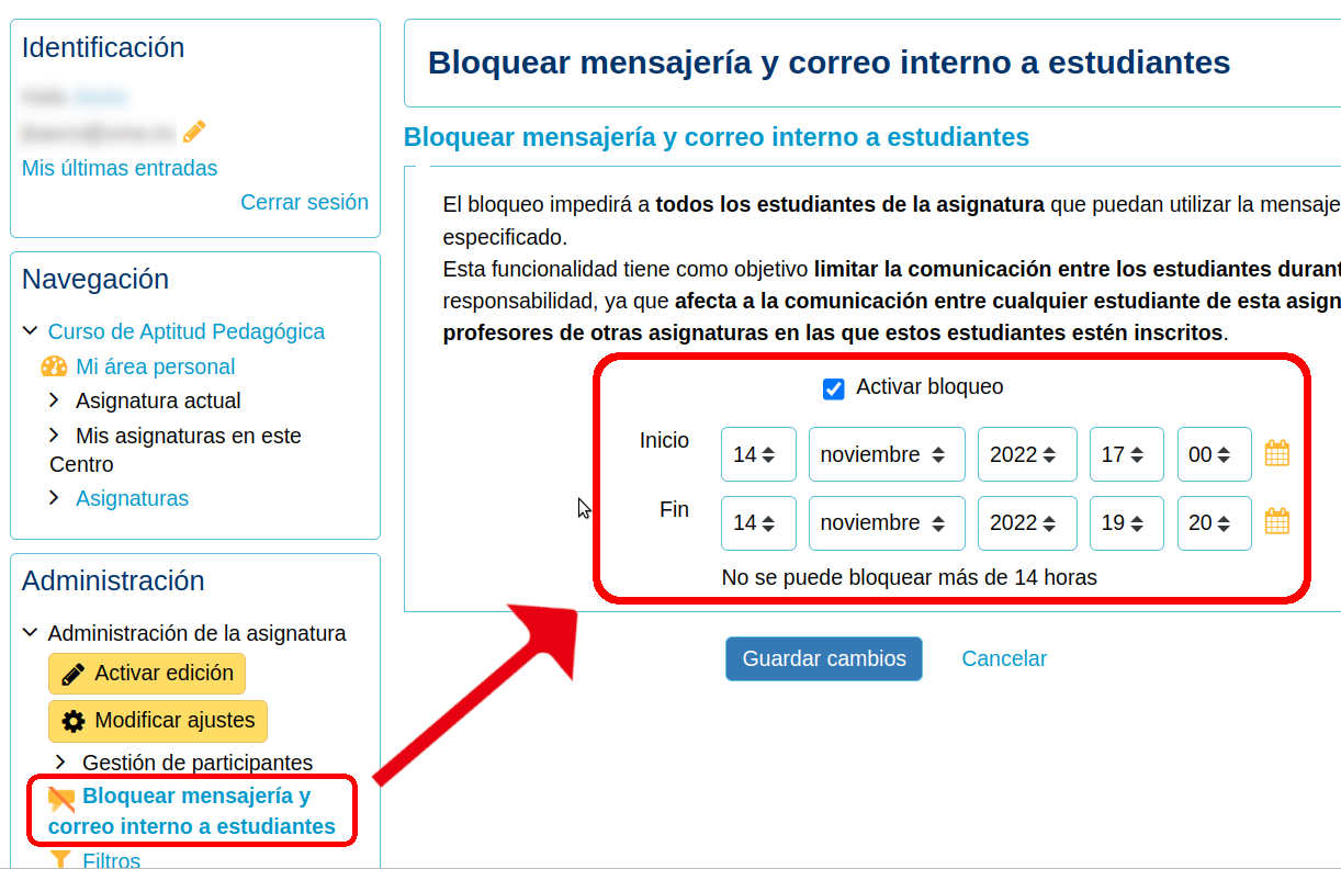 Bloquear mensajería y correo interno